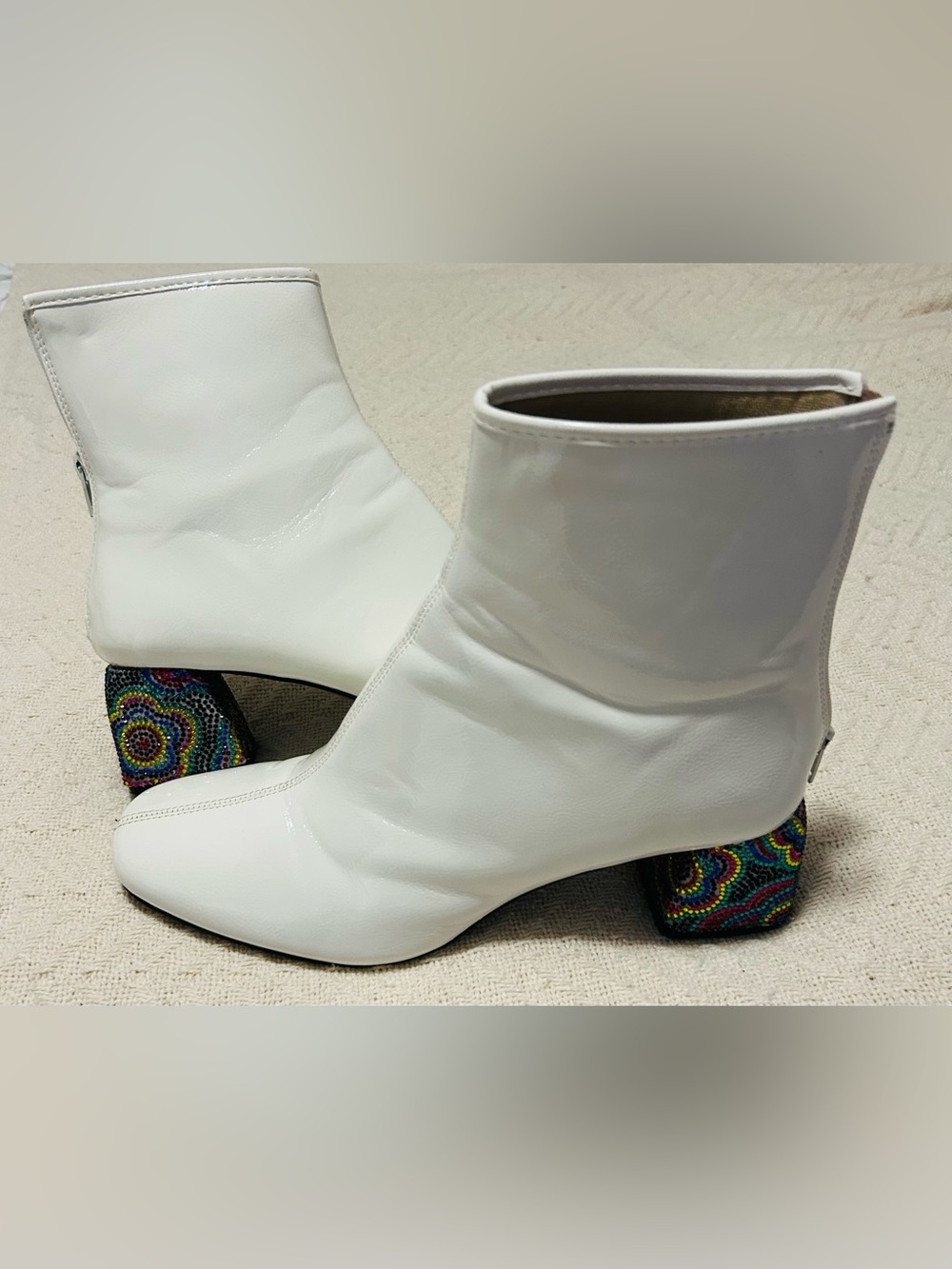 Betsey Johnson White Haper Booties Multi Color Rhinestone Heel Women's Size 9.5